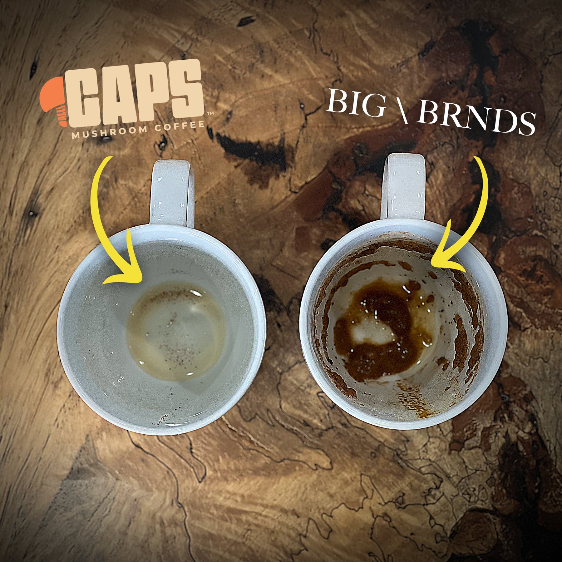 ALL CAPS Dissolves Fully versus Big Brand Mushroom Coffee
